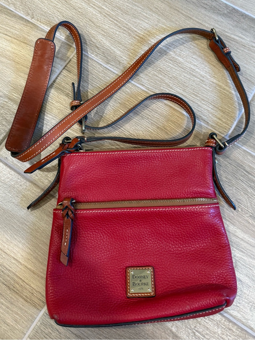 Dooney & Bourke Dillen Red Pebbled Leather Letter Carrier Crossbody Bag
